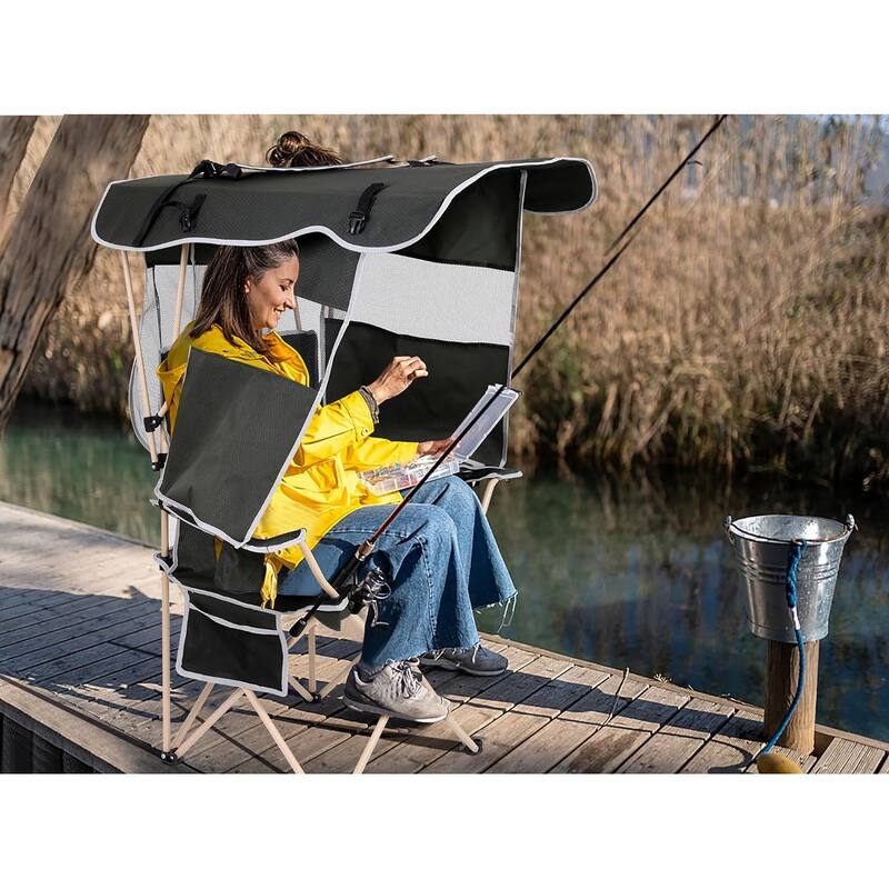 Camping Chair with Shade Canopy, Portable Camping Chairs, Detachable Shade Canopy, Side-Pocket and Cupholder