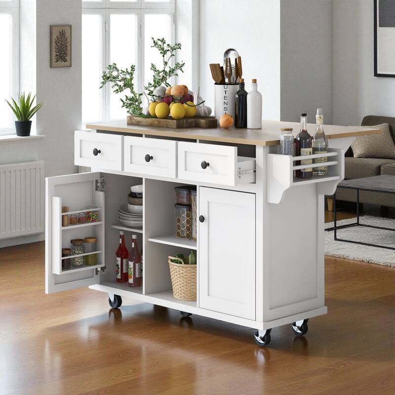 53" Kitchen Island Cart with Rubber Wood Drop Leaf, Rolling Storage Cabinet with Drawers, Spice & Towel Rack - White