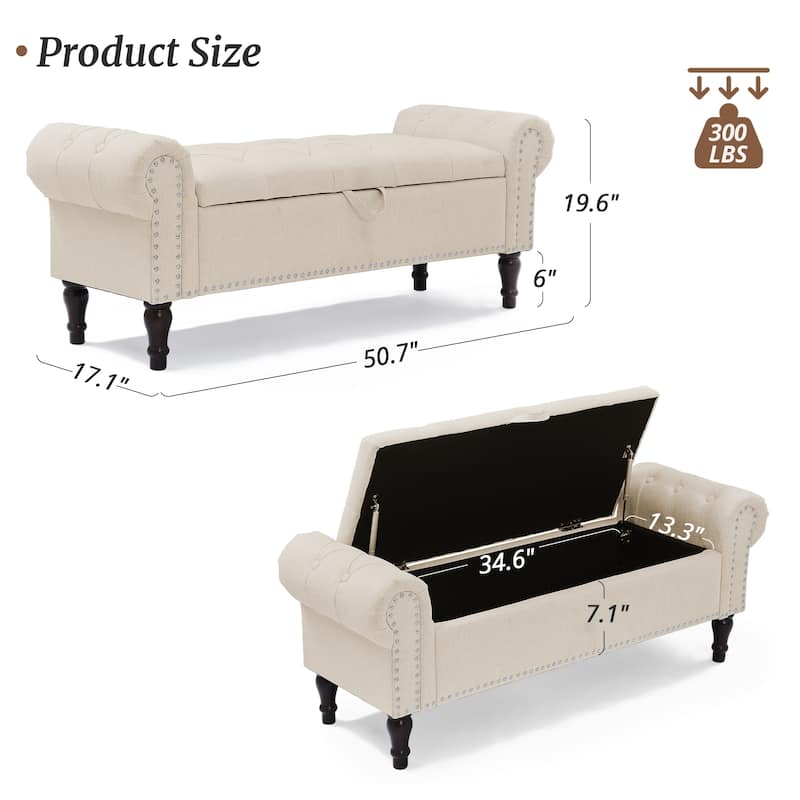Modern Velvet Upholstered Storage Bench with Silver Nailhead Trim