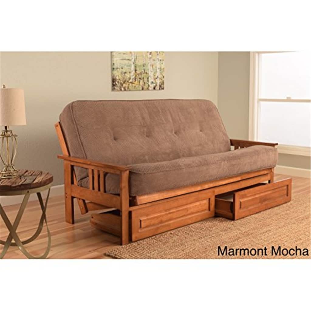 79 in. Barbados/Marmont Mocha Polyester Upholstered Full Size Futon Set with Mattress and Storage Drawers