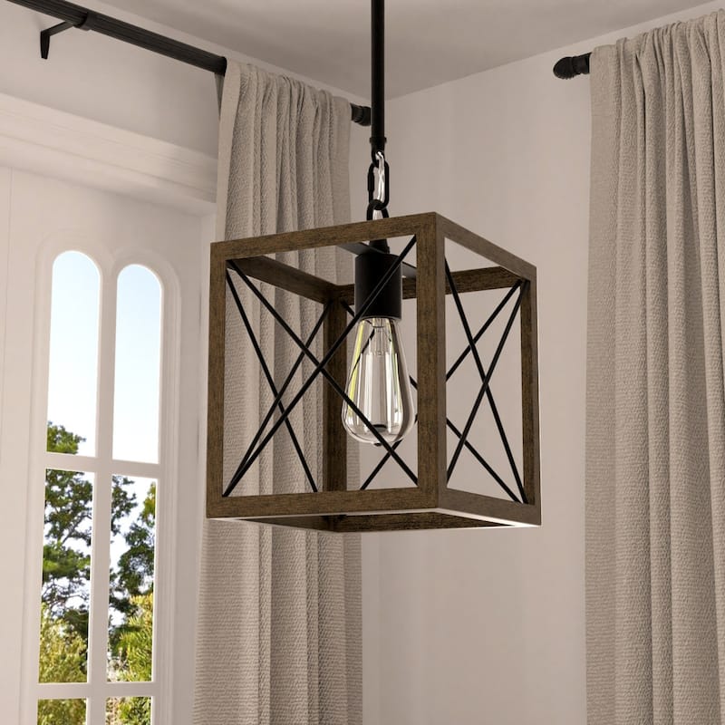 Kiro 1-light Modern Farmhouse Rectangle Pendant Light with UL Certified - Weathered Walnut