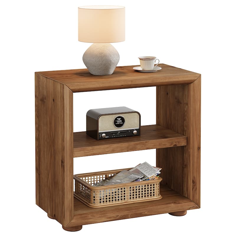 Solid Wood End Table with Storage Shelves, Bedside Nightstand, Living Room Bedroom Accent Side Table