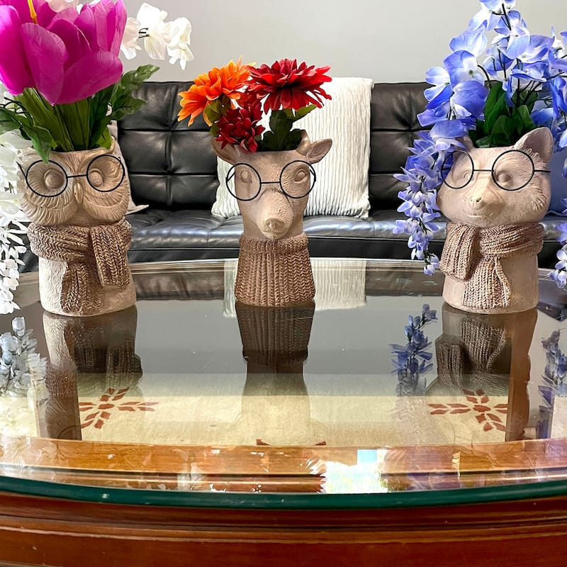 Bespectacled Fox Cement Vase 8.25In Cute Fox Planter, Animal Flower