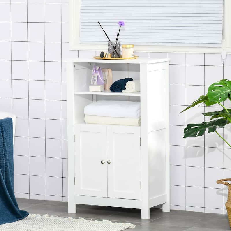 kleankin Bathroom Floor Storage Cabinet, Freestanding Linen Cabinet with Double Doors and 2 Adjustable Shelves, White - Wood Finish - White - 22" x 11.75" x 36.5"