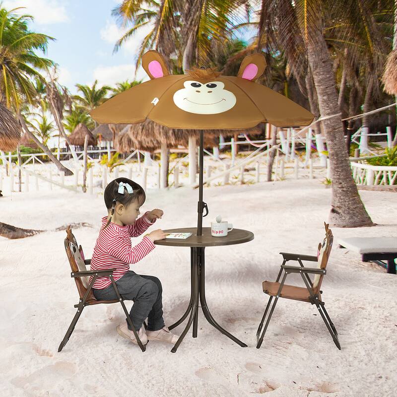 Outsunny Kids Picnic Table and Chair Set for Patio Backyard with Removable & Height Adjustable Sun Umbrella - Brown