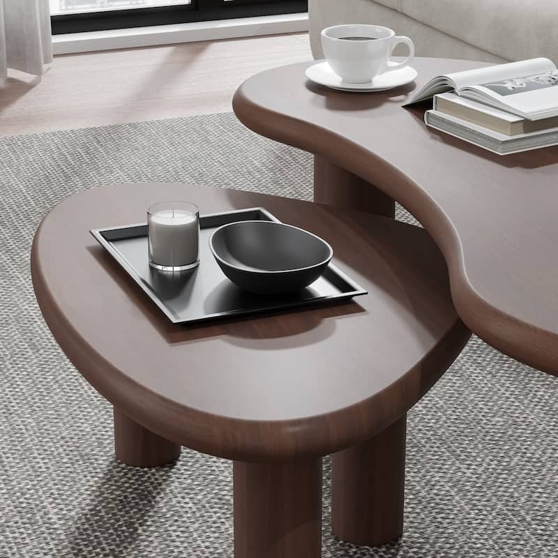 Modern Nested Coffee Tables Set 2-Piece Irregular Shaped Solid Wood Accent Tables for Home Office Living Room