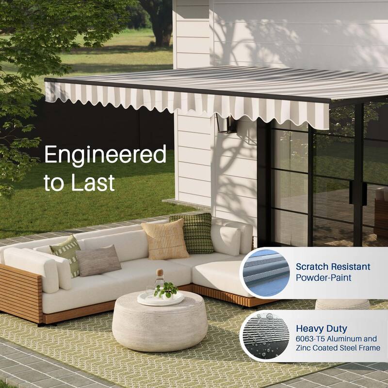 ALEKO Caribbean Motorized Retractable Patio Awning - Black Frame - Seagull Gray & White Striped - 10 x 8 Feet