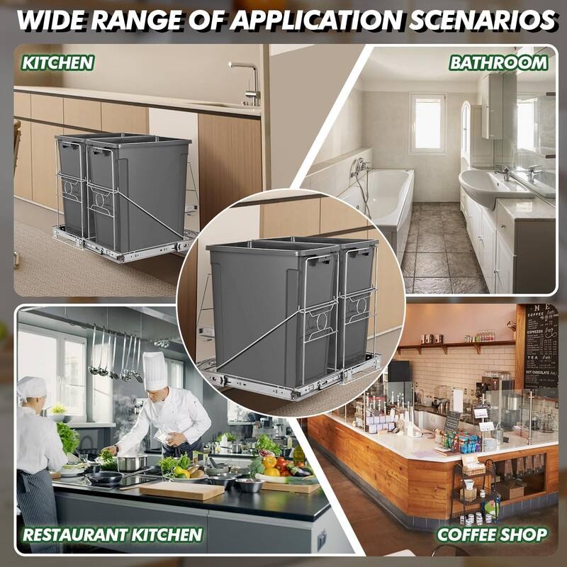 Side Pull Stainless Steel Kitchen Adjustable Trash Slide Out Shelf - 70 Quarts