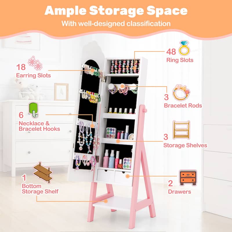 Gymax Kids Jewelry Cabinet Standing Children Jewelry Organizer w/
