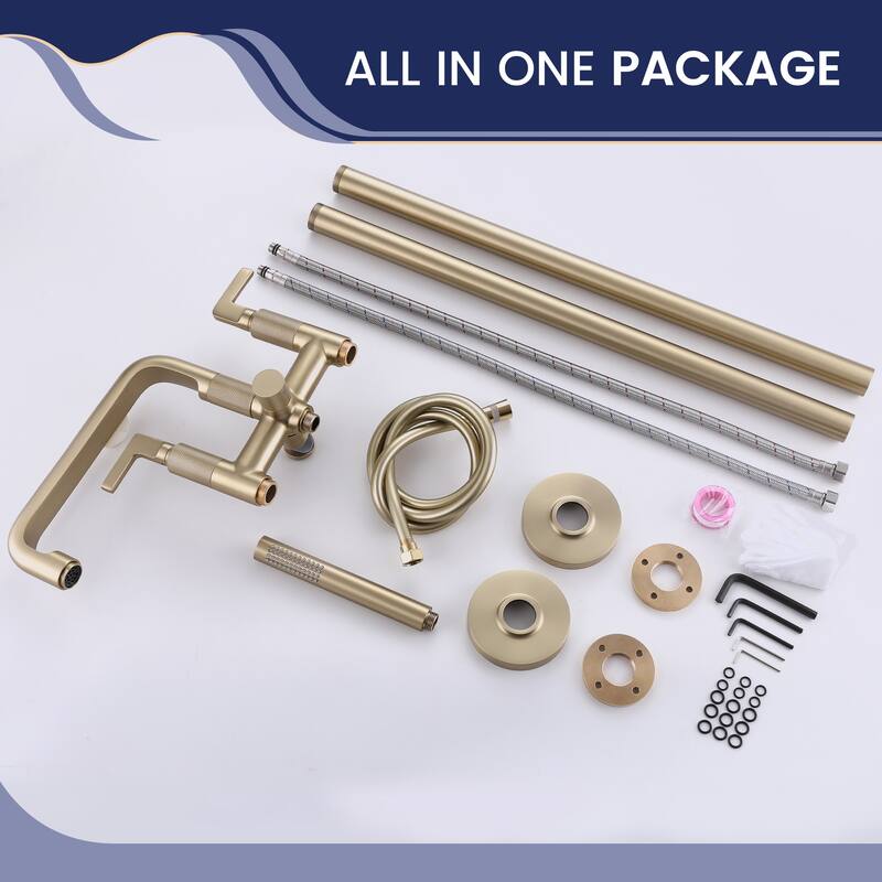 33" H Solid Brass Floor Mounted Freestanding Tub Faucet with Hand Shower and Diverter
