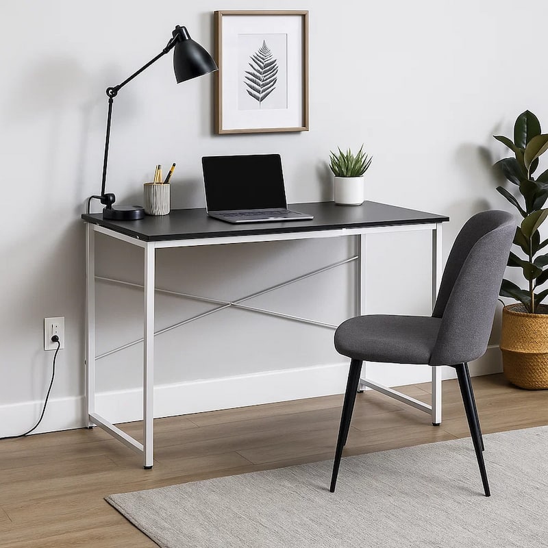 Writing Desk with X Shaped Crossbar Support, Black and White