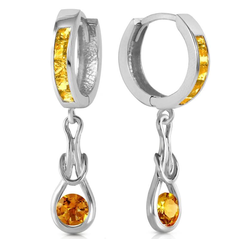 14K Solid Gold Huggie Gemstone Earrings Dangling Natural Citrine - White