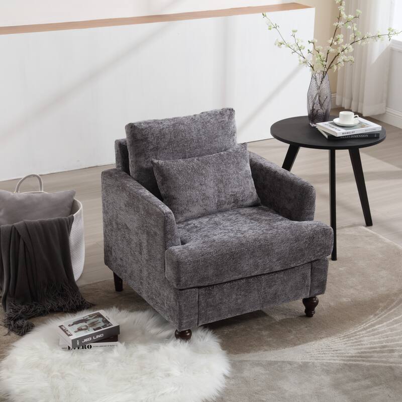 Wood Frame Tufted Club Armchair in Gray Chenille for Living Room, Bedroom or Office