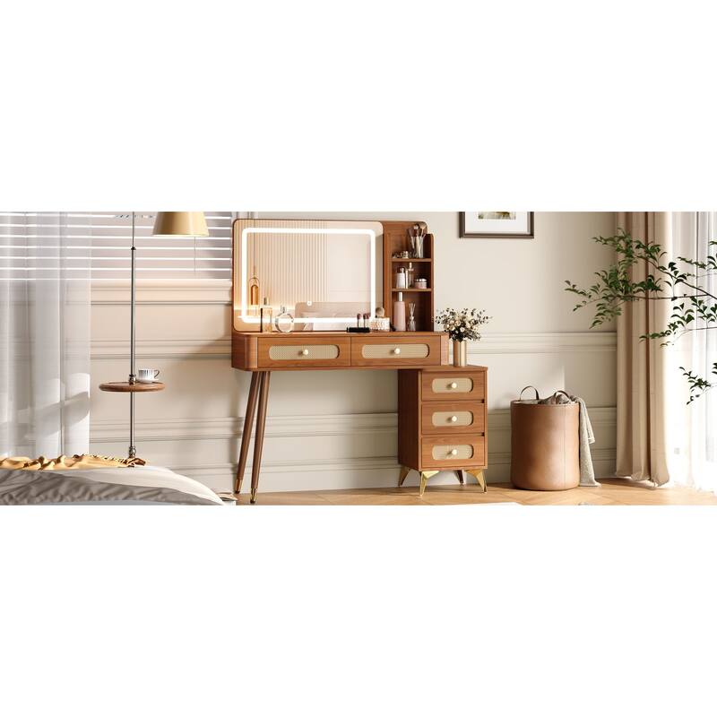 Makeup Vanity with Mirror & Lights, 3 Color Lighting Modes Adjustable Brightness, Dressing Table with 5 Drawers & Storage Shelf