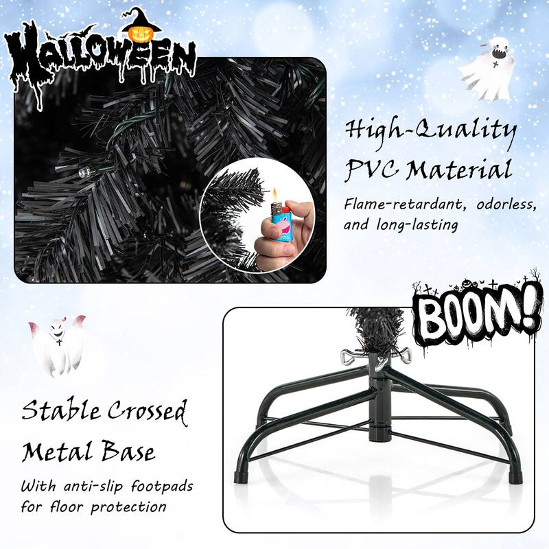 Gymax 6/7 FT Artificial Halloween Tree Pre-Lit Black Christmas Tree w/
