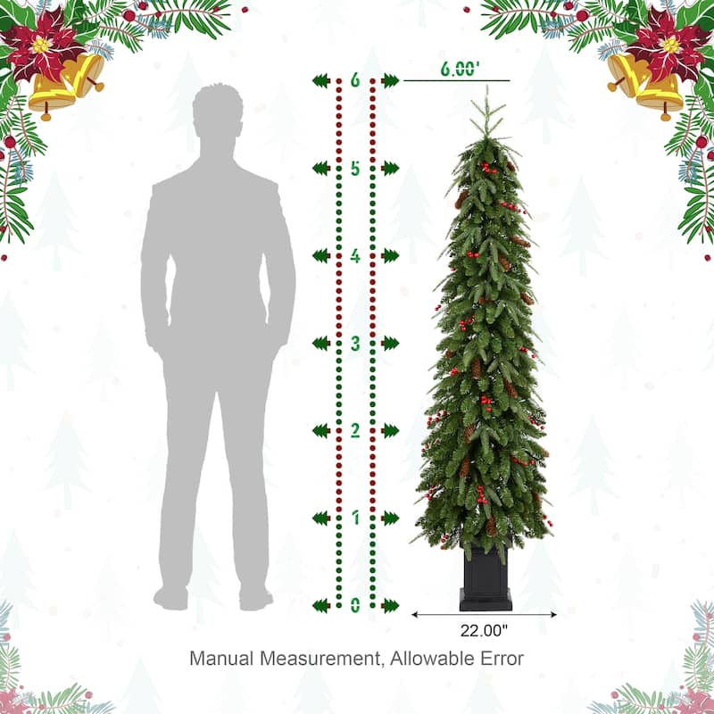 Glitzhome 4ft/6ft/7ft Pre-lit Green Artificial Christmas Porch Tree with Red Berries,Pinecones and 100 Warm White Lights
