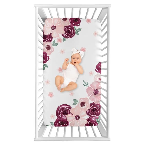 slide 2 of 4, Burgundy and Pink Watercolor Floral Girl Photo Op Fitted Crib Sheet - Blush Maroon Wine Rose Green Shabby Chic Flower Farmhouse