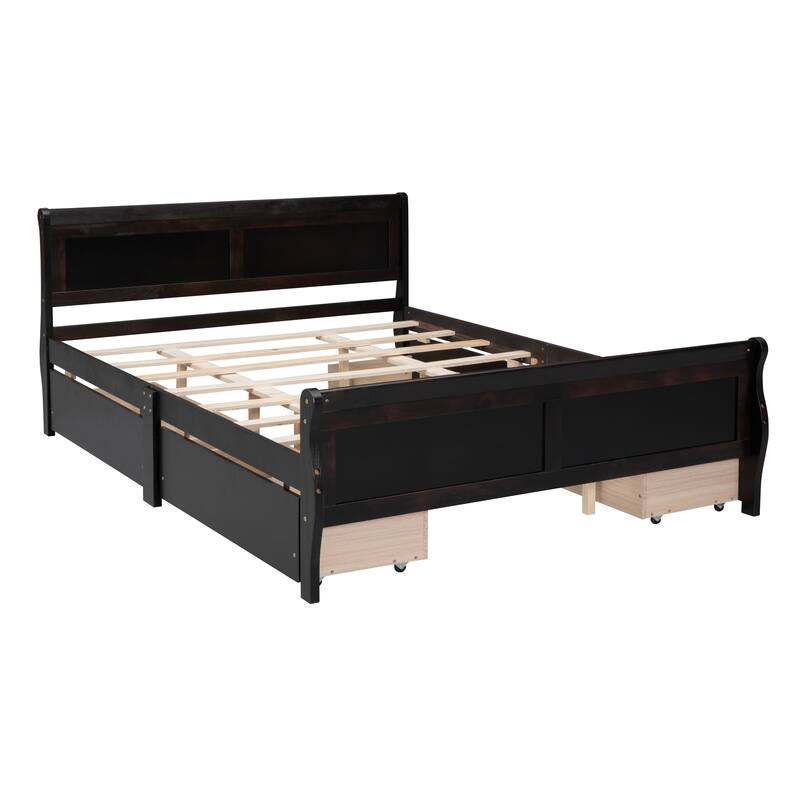 Wood Platform Bed with 4 Drawers and Streamlined Headboard & Footboard