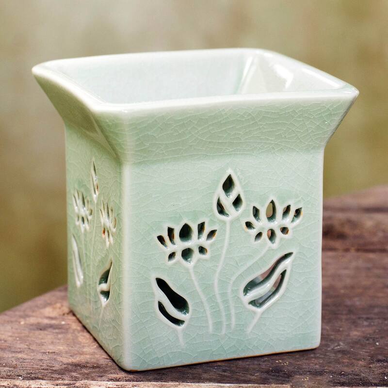 Novica Handmade Lotus Garden Ceramic Clay Oil Warmer