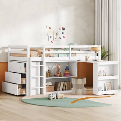 Twin Loft Bed with Pull-Out Desk & Storage and 3-Drawer Cabinet & Shelves (250lb Capacity)