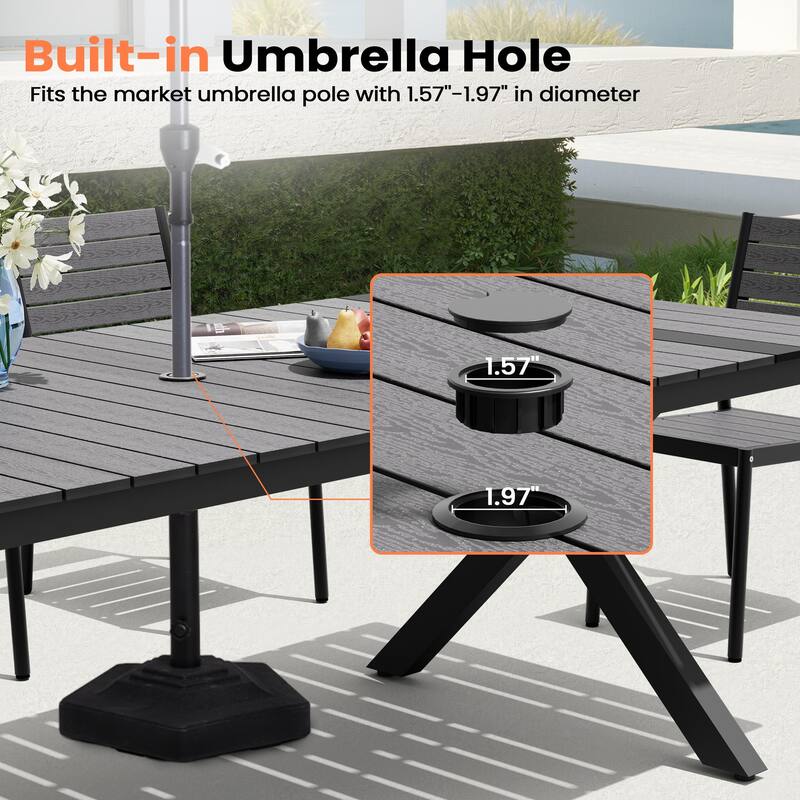 9PC Outdoor Patio Aluminum Dining X Frame Table and Rattan Chairs Set with Umbrella Hole