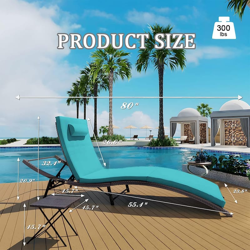 3-Pieces Wicker Outdoor Chaise Lounge Set w/ Two Foldable Lounge Chairs and one Side Table