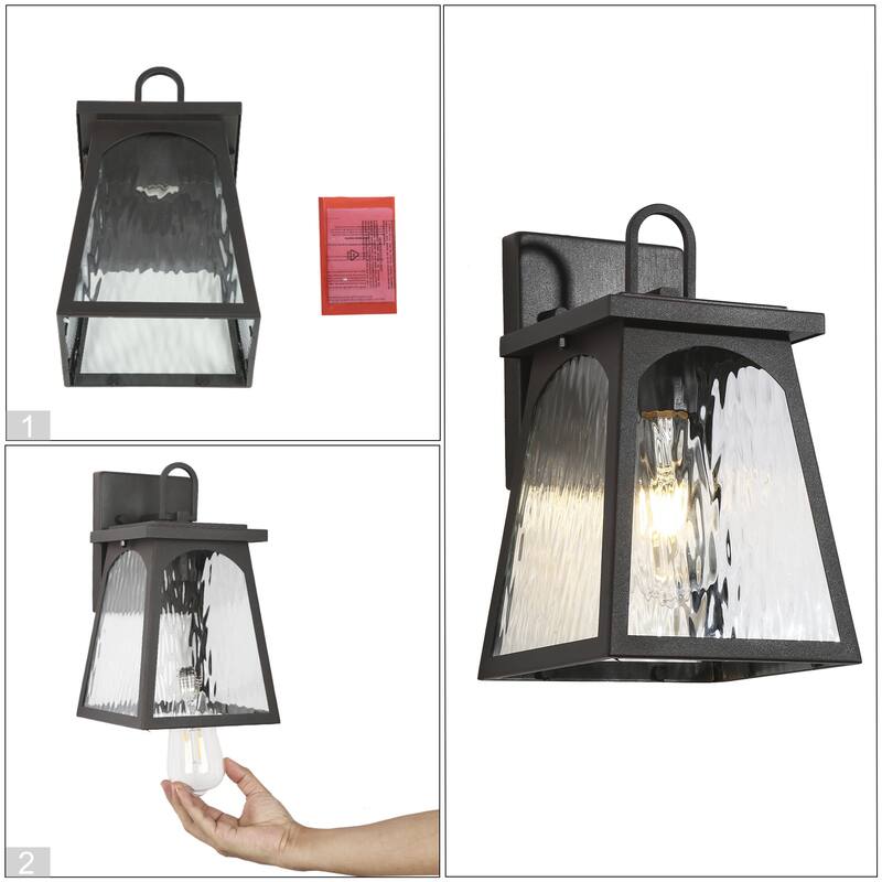 Modern Farmhouse 1-Light Black Outdoor Wall Sconce Water Ripple Glass Patio Lights - W 6.7" x H 11" x D 7.1"