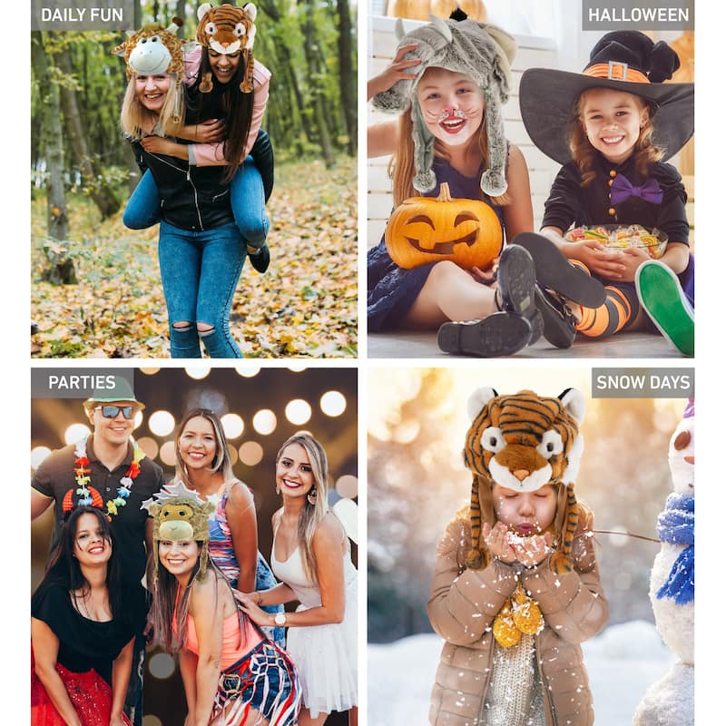 DolliBu Zoo Animal Plush Hat Set of 4 – Warm Hat with Ear Flaps - One Size