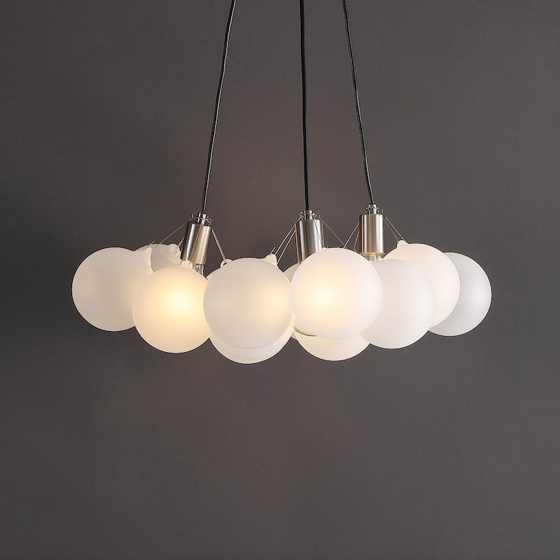 Rhys 24" 3-Light Mid-Century Glam Frosted Glass Orb LED Chandelier, White/Brushed Nickel, by JONATHAN Y
