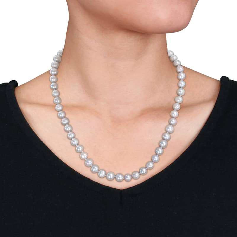 Miadora 3 Pc Set Of 7.5-8mm Grey FW Cultured Pearl 18" Necklace, 7" Stretch Bracelet & Silver FW Pearl Earrings