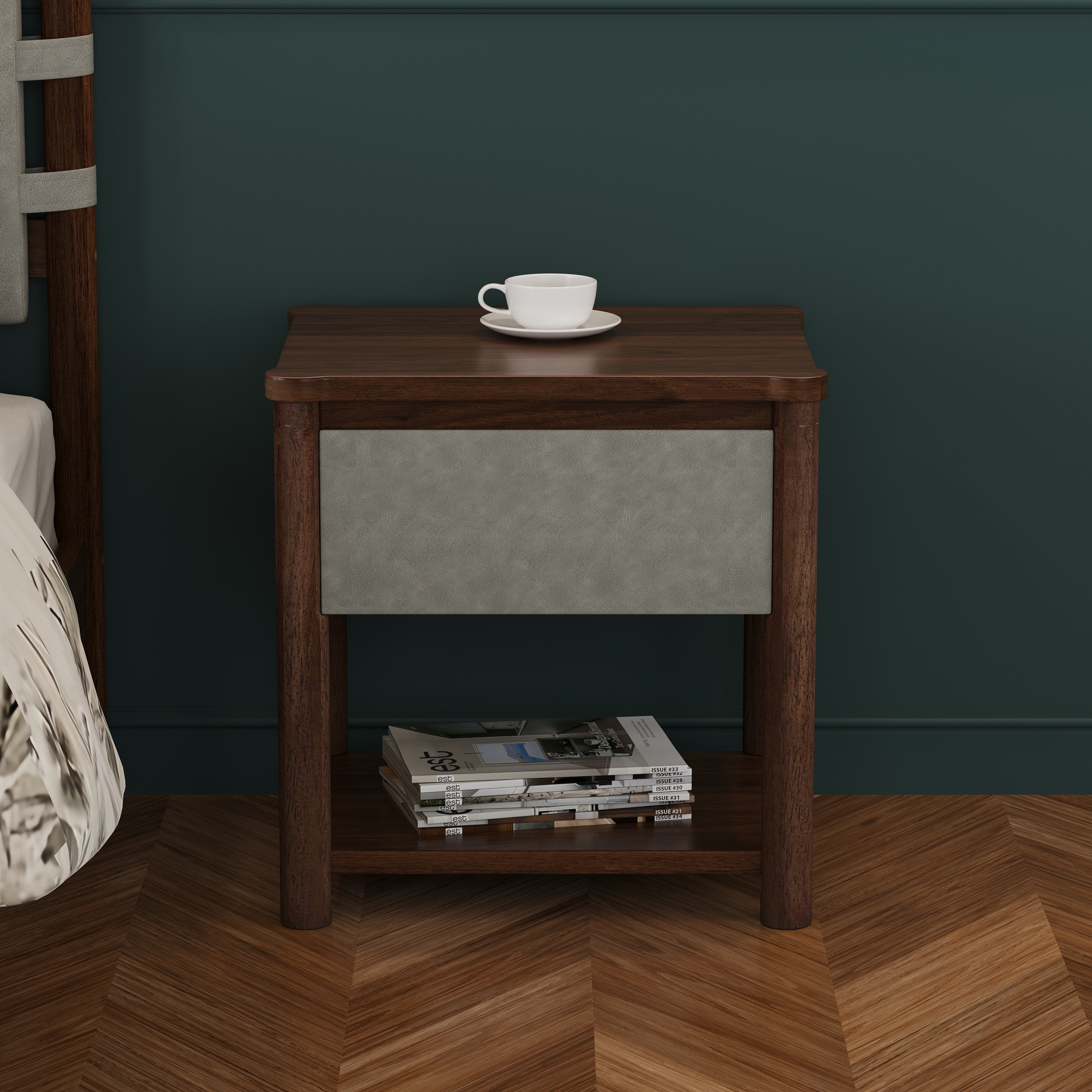 Farmhouse Bedside Table Light Gray Walnut Nightstands with Drawer, Set of 2 Bedside Table File Cabinet with Open Shelf