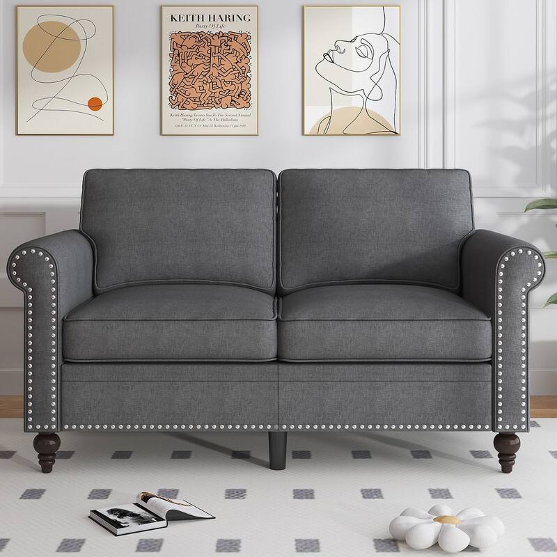 Mixoy 2 Piece Living Room Sofa Set with Rivet Design,Linen 3-Seater Sofa Couch,Loveseat Sofa/Single Sofa Chair