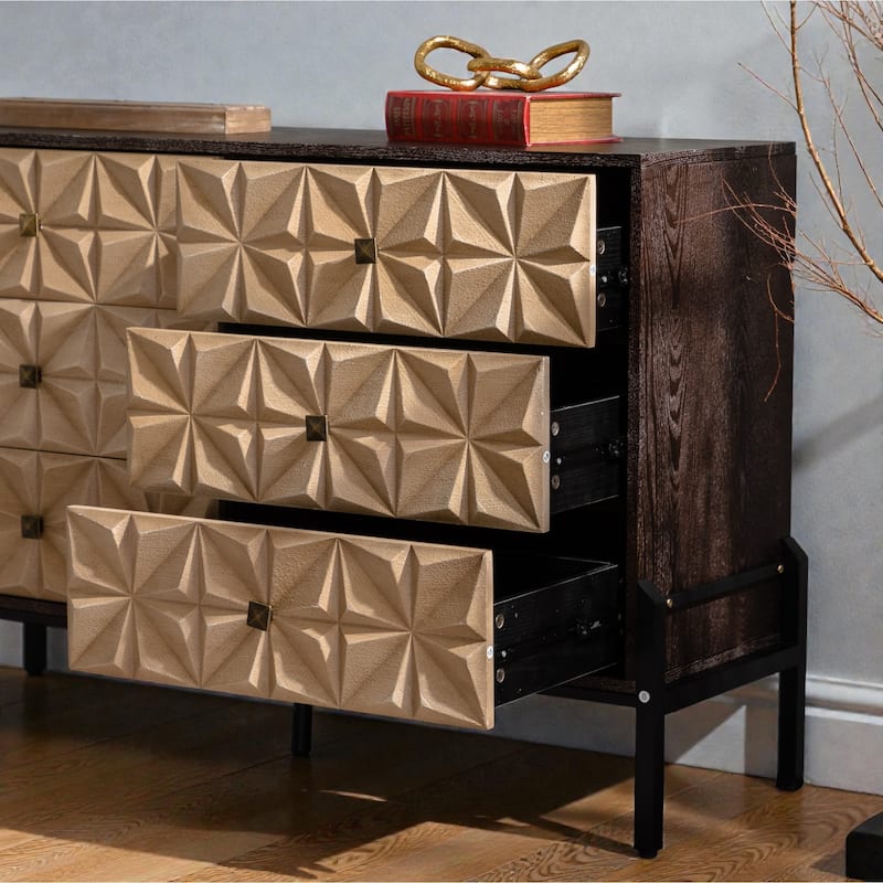 48.21" Mid-Century Modern 6-Drawer Sideboard with 3D Diamond Fronts, Solid Wood & MDF Console Table