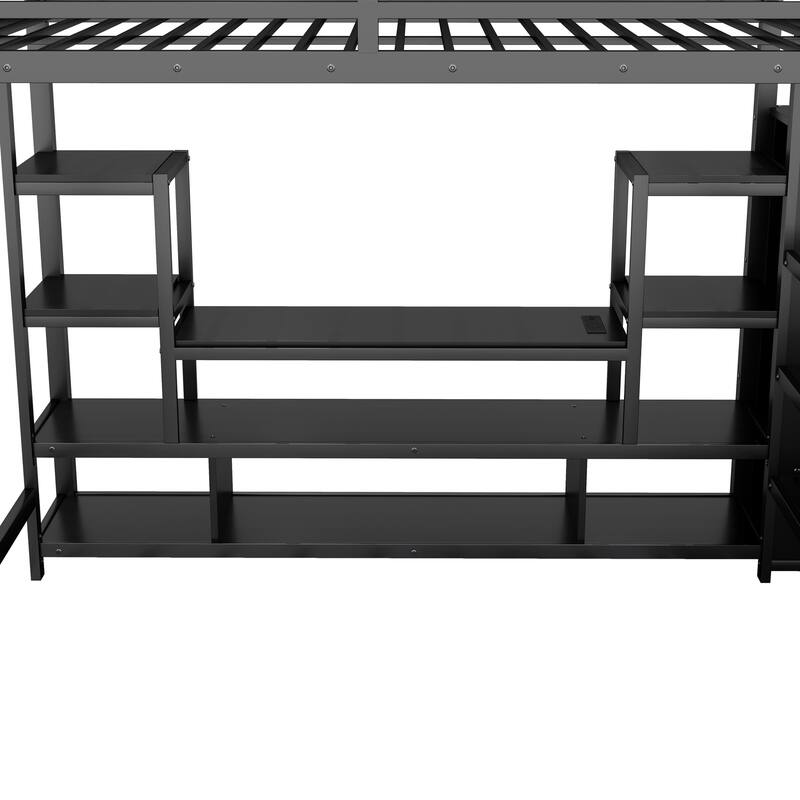 Full Size Metal High Loft Bed Frame with TV Stand & LED, Staircase, Wardrobe and Safety Guardrails