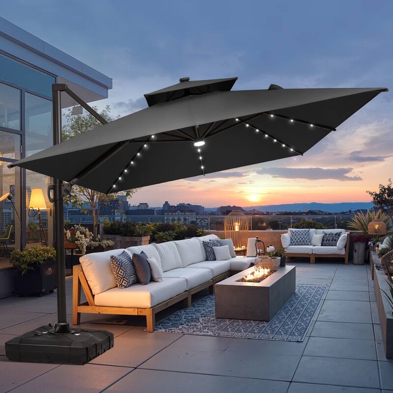 10 X 13 FT Outdoor Patio Cantilever Umbrella with Solar Lights Wheeled Base Double Canopy 360 Rotation Tilt - Black