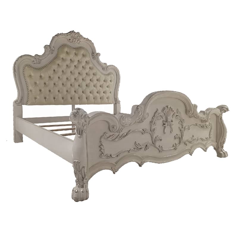 Ally King Bed, Decorative Carved Accent Inlay, Bone White Wood, Silver