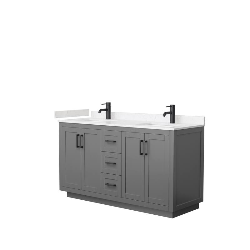 Miranda Double Vanity Set, Cultured Marble Top, No Mirror - 60-Inch Double - Dark Gray, Black Trim, Carrara Cultured Marble Top