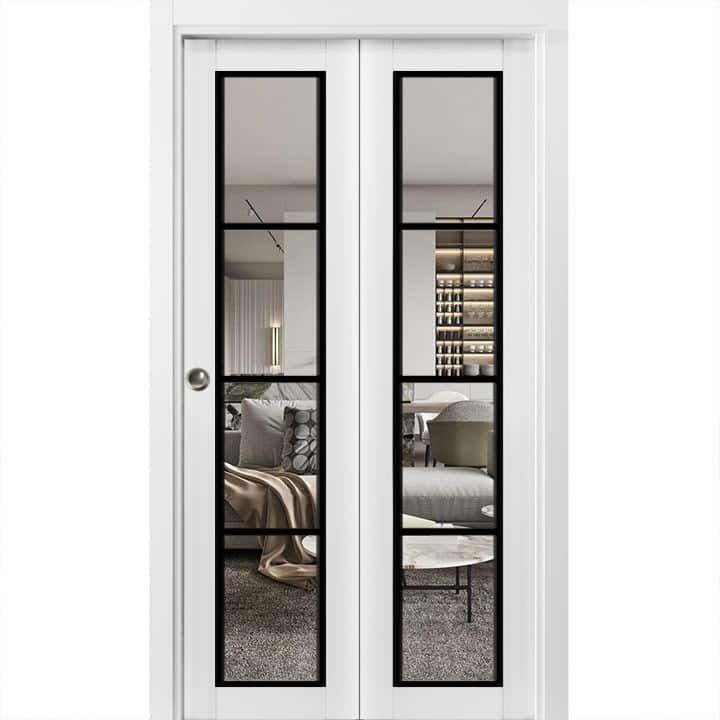 Bi-fold Doors 36 x 80 Lucia 2466 White Silk Clear Glass Sturdy Tracks - White - 64" x 80" ( 2* 32x80)