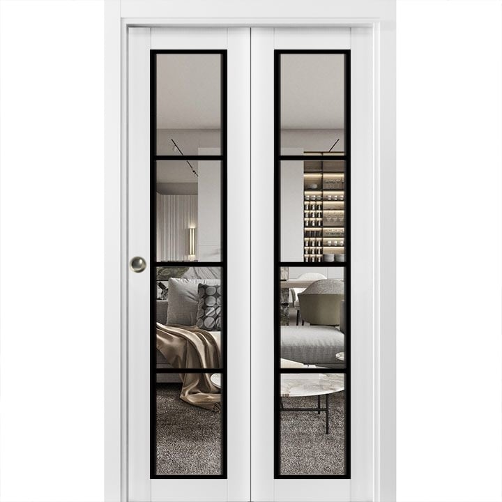 SartoDoors Lucia 2466 | Closet Door Bi-fold Door | Solid Wood w/ Glass | Hardware Set | 36x80, White Silk Bedroom Door