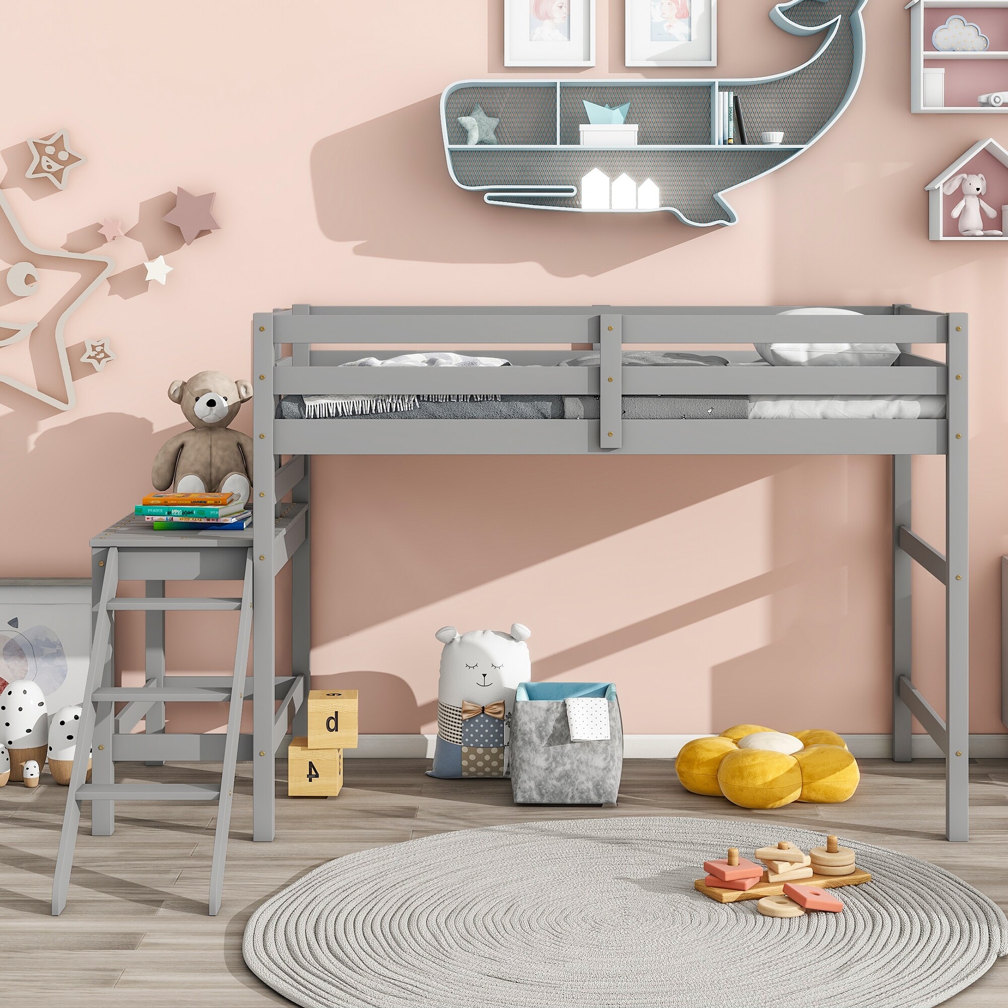 Twin Loft Bed with Platform and Ladder Wood Low Loft Bed Twin with Spacious Underneath Space for Children Girls Boys Bedroom Bed Bath Beyond 39293537