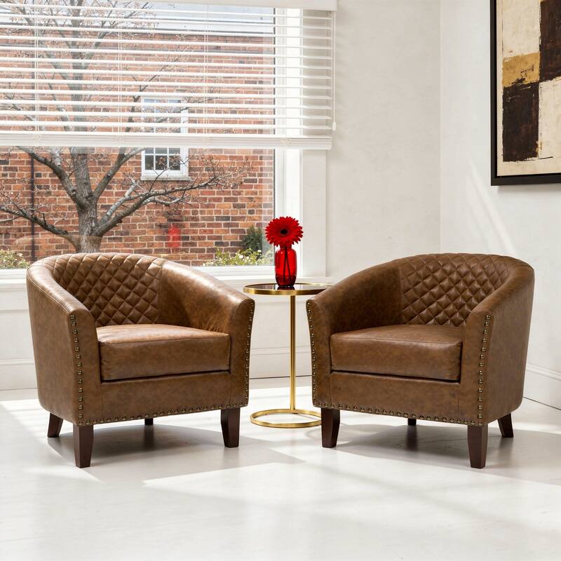 Modern Nailheads Trim Leather Barrel Accent Chairs with Wood Legs