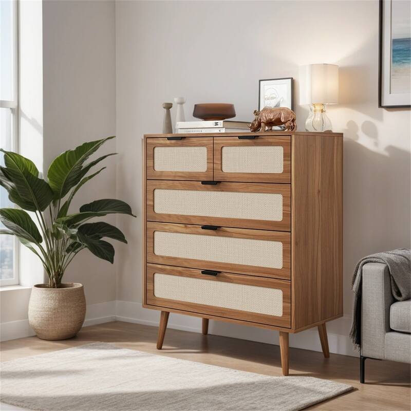 5 Drawer Cabinet, Accent Storage Cabinet, Suitable for Living Room, Bedroom, Dining Room, Study - Walnut