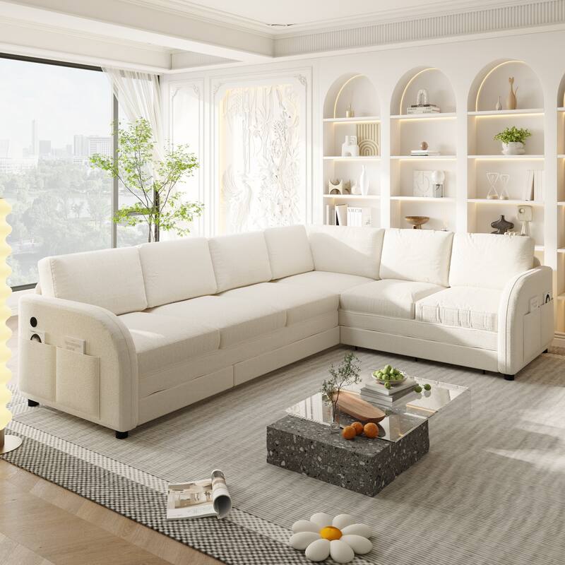 115" L-Shaped Sectional with Pull-Out Bed, USB Ports & Side Pockets, King Size Upholstered Bed