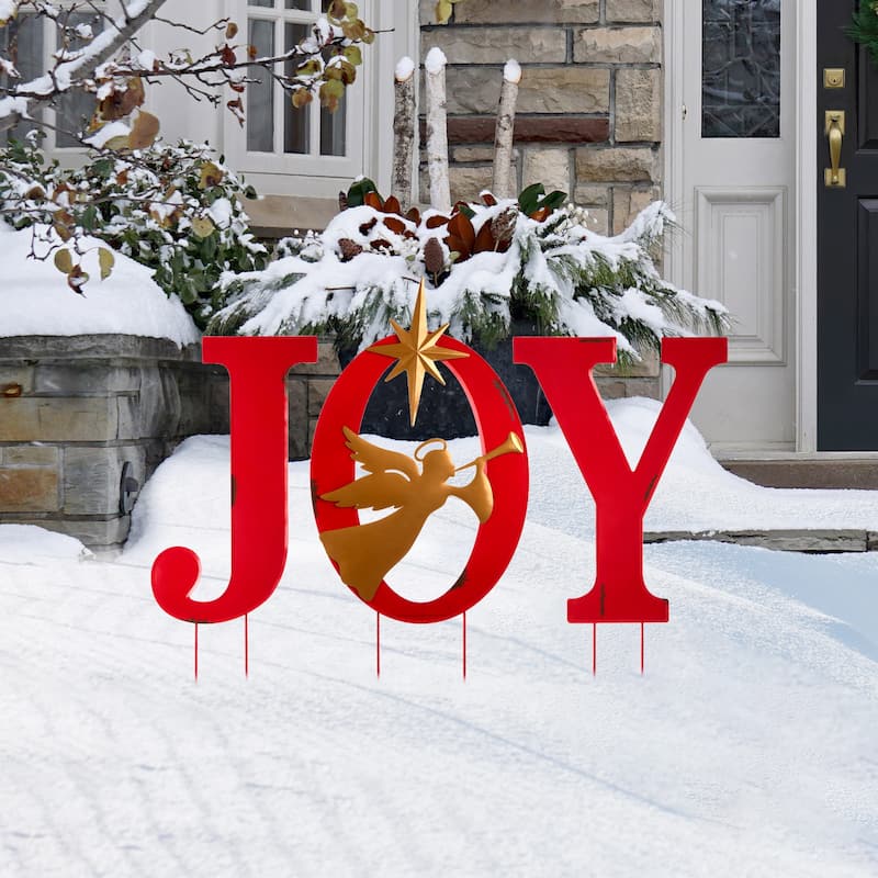 Glitzhome Christmas Metal JOY HOPE Sign Snowmen Yard Stake Wall Sign Standing Decor - JOY with Angel