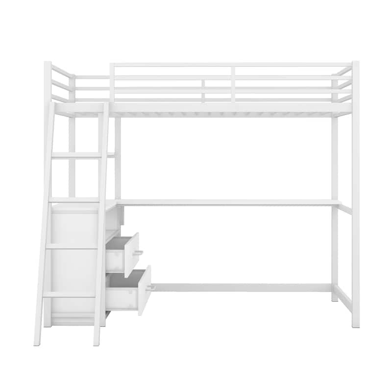 Multifunctionl Twin Size Loft Bed with Desk and Shelves, Two Builtin