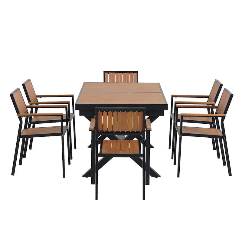 Outdoor Plastic Wood Chairs Set with Six Chairs and a Table (Set of 7)