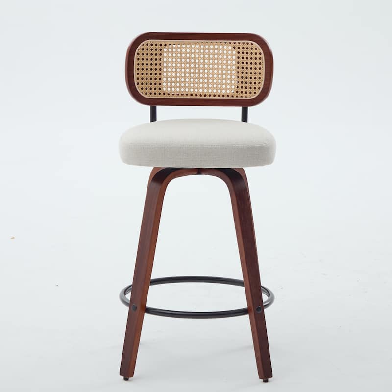 Linen Upholstered Swivel Bar Stools Set of 2, Counter Height Bar Stools with Rattan Back, Kitchen Island Chairs with Footrest - Beige