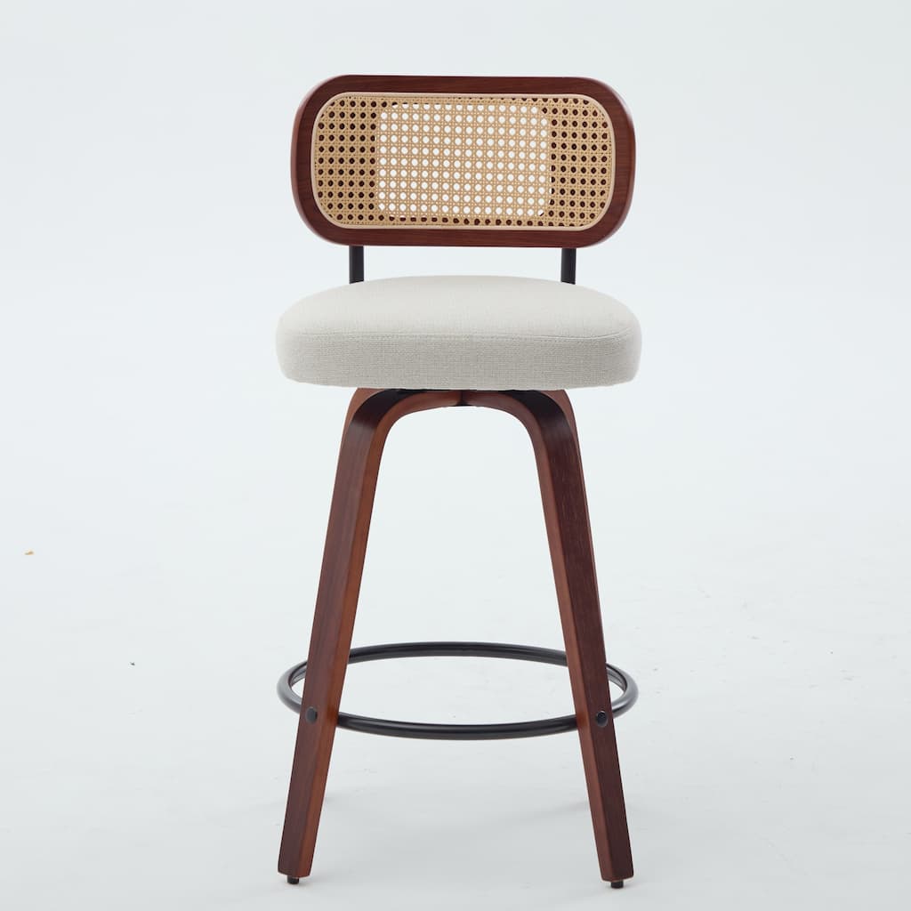 Linen Upholstered Swivel Bar Stools Set of 2, Counter Height Bar Stools with Rattan Back, Kitchen Island Chairs with Footrest