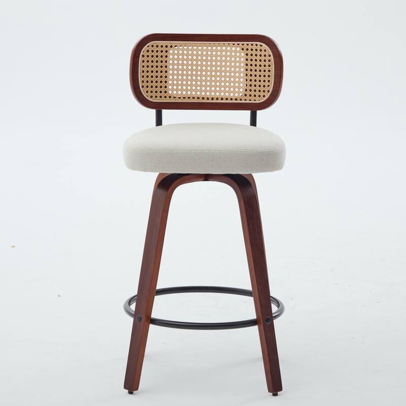 Set of 2, 26-Inch Counter Height Bar Stools - Cane Rattan Back, Linen Upholstered Seat, Swivel Design for Kitchen