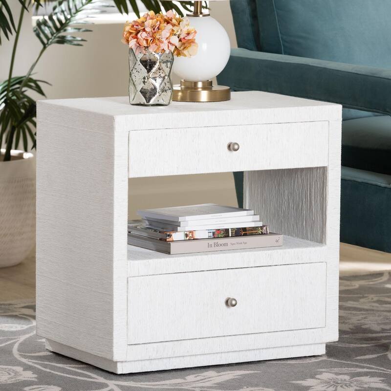 Kai Grasscloth End Table - 2-Drawer Accent Table or Nightstand with Open Shelf, Handwoven Decor for Bedroom or Living Room